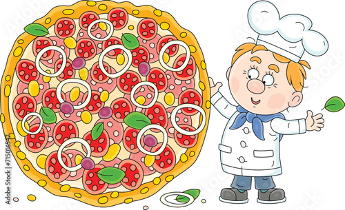 Funny young cook in a chef hat holding a big, very tasty and freshly backed pizza with cheese, sausage, olives, tomatoes and onion, vector cartoon illustration isolated on a white background
