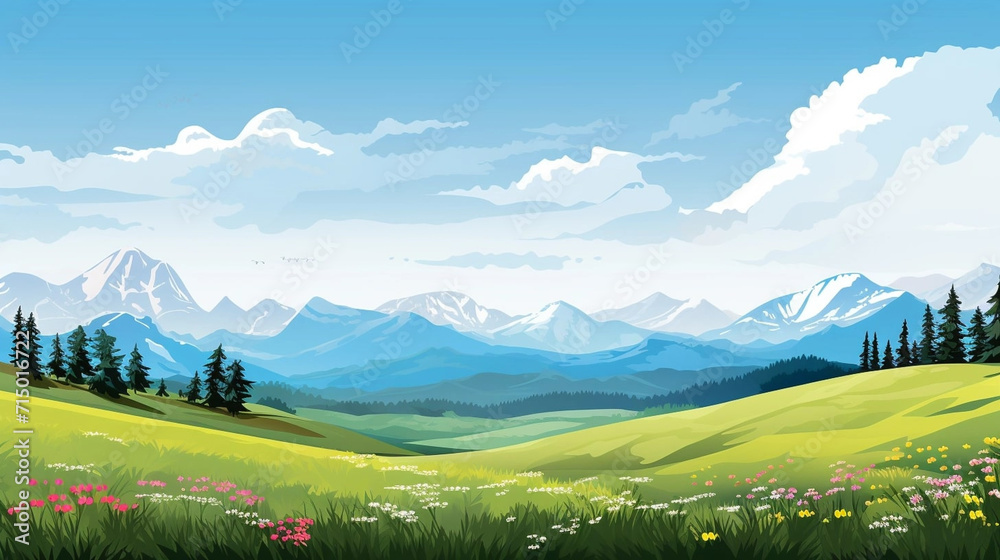 copy space, Vector illustration. View of an alpine landscape during spring time. Simple vector illustration, with meadows and alpine mountains in the background. Alpine landscape mockup or template.