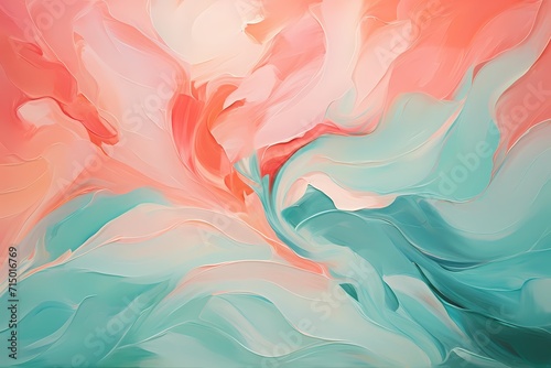 Teal and coral brushstrokes mingle freely  giving birth to a lively and enchanting abstract composition.
