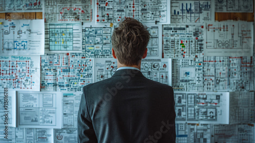 A trial lawyer business man in office scrutinizes looking a large flowchart on the wall, strategy concept