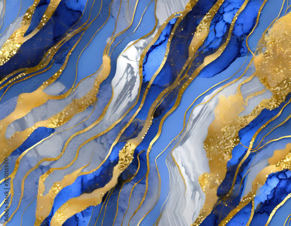 Cobalt blue and gold liquid marble abstract waves background. Generative ai