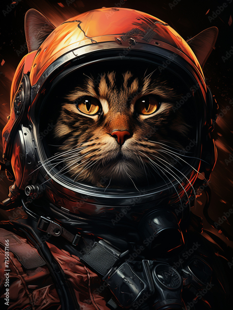 T-shirt design, a proud black cat donned in an astronaut's uniform, the American flag prominently displayed, painted with hyperrealistic portraiture techniques created with Generative Ai T-shirt design, a proud black cat donned in an astronaut's uniform, the American flag prominently displayed, painted with hyperrealistic portraiture techniques created with Generative Ai