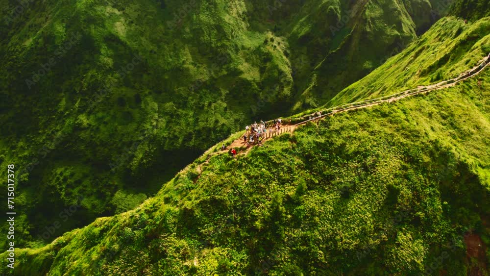 Drone point of view tourists visited Boca do Inferno hiking trail with picturesque view of large volcanic crater lake Sete Cidades. San Miguel, Ponta Delgada island, Azores, Portugal. Travel concept