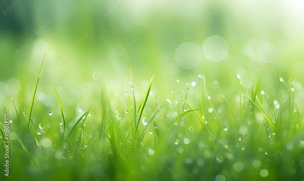 Beautiful spring bright nature background with soft leaves of green tall grass and morning dew. Soft focus.