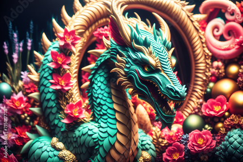 Green wooden dragon symbol 2024. New Year and Christmas concept . Chinese new year 2024 year of the emerald Wood dragon