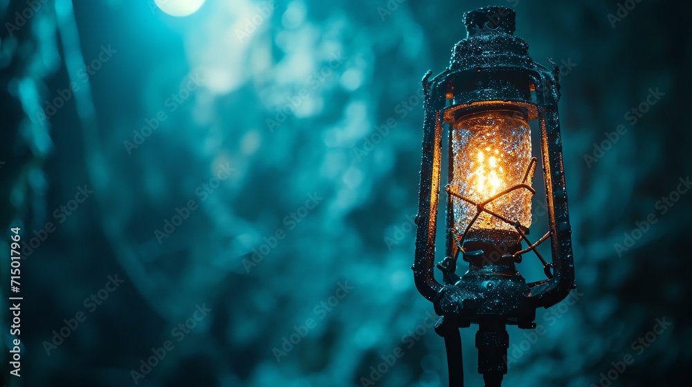 Vintage Lantern Glowing in Twilight with Copy Space