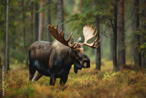 Big male Bull moose Alces alces in deep forest of Sweden. Big animal in the forest. Elk symbol of Sweden. Wildlife animal 