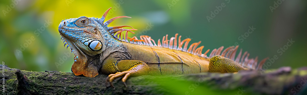 Fototapeta premium Iguana on branch.Panorama view. Generative AI
