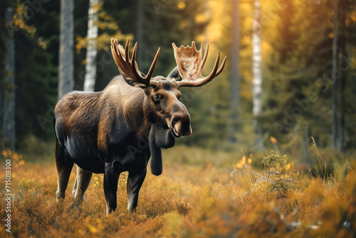 Big male Bull moose Alces alces in deep forest of Sweden. Big animal in the forest. Elk symbol of Sweden. Wildlife animal 