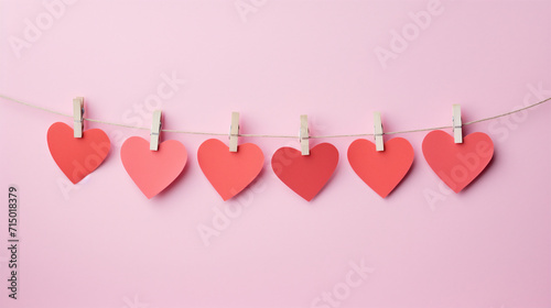 String with wooden clothes pegs attached with cute paper love hearts. Red hearts on a pink background. Love and Valentine's Day themed. Generative AI