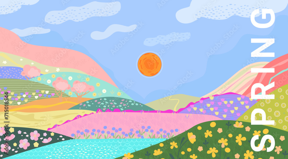 Fototapeta premium Spring landscape with flowers, green grass and trees, hills and mountains. Hot sun in the blue sky with clouds.Green grass meadow on hills Panorama peaceful nature in springtime.Vector illustration