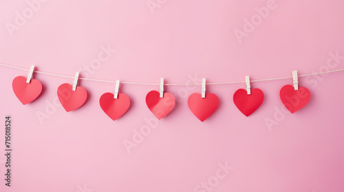 String with wooden clothes pegs attached with cute paper love hearts. Red hearts on a pink background. Love and Valentine's Day themed. Generative AI