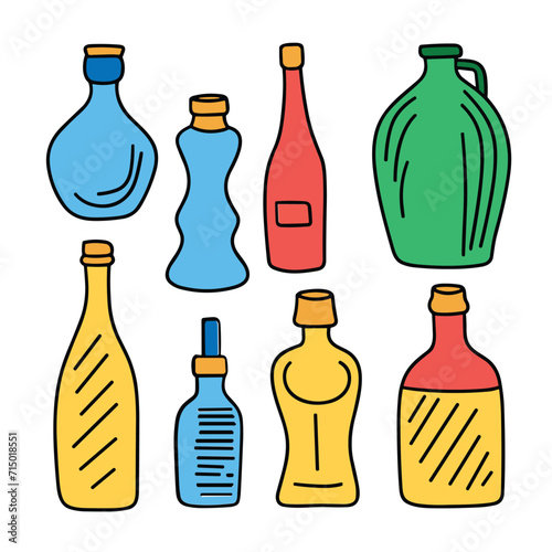 Doodle bottles collection isolated on white background. Colored outline bottles set. Hand drawn vector art.