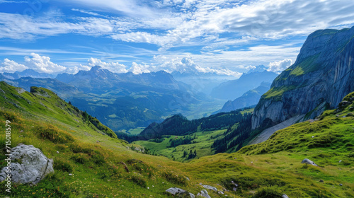 An expansive panorama showcasing the stunning beauty of the Alpine region