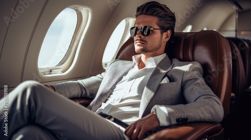 Rich businessman sitting in a private jet Traveling by private plane.