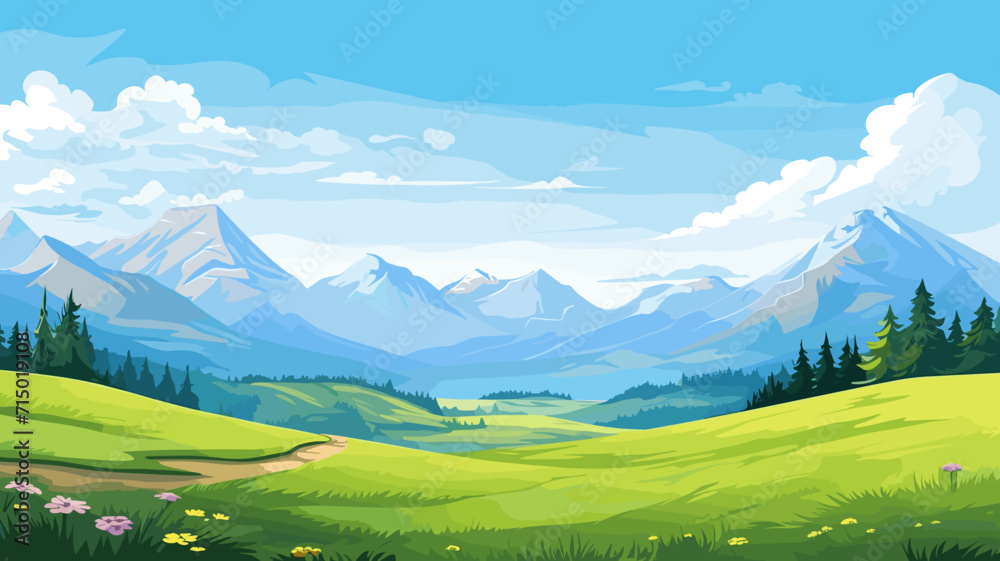 copy space, Vector illustration. View of an alpine landscape during spring time. Simple vector illustration, with meadows and alpine mountains in the background. Alpine landscape mockup or template. T