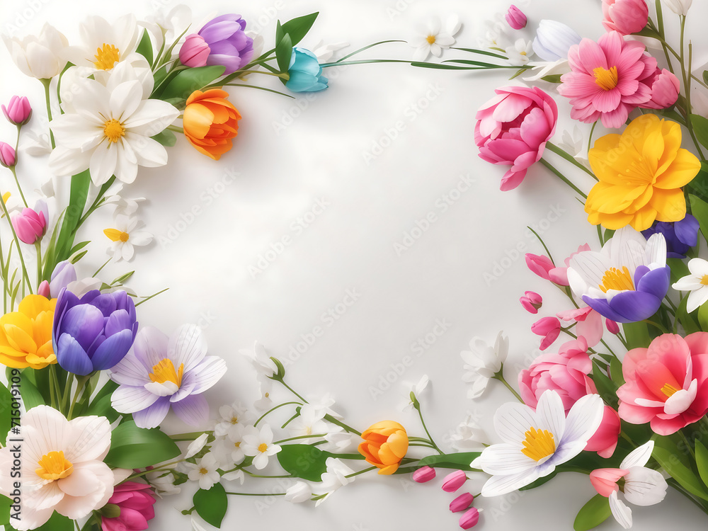 Colourful spring flowers with white copy space. Beautiful mockup spring background Illustration design.