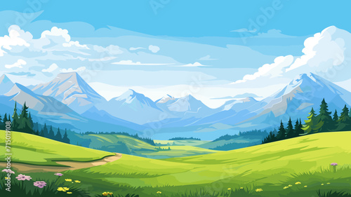 copy space, Vector illustration. View of an alpine landscape during spring time. Simple vector illustration, with meadows and alpine mountains in the background. Alpine landscape mockup or template. T