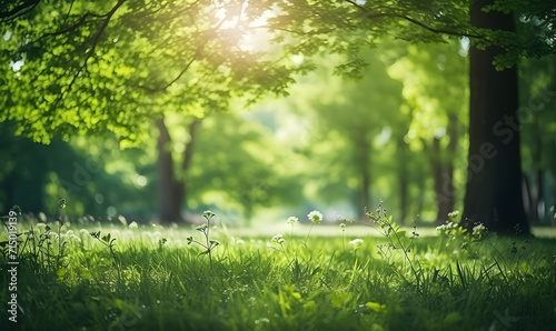 Defocused green trees in forest or park with wild grass and sun rays. Selective soft focus.