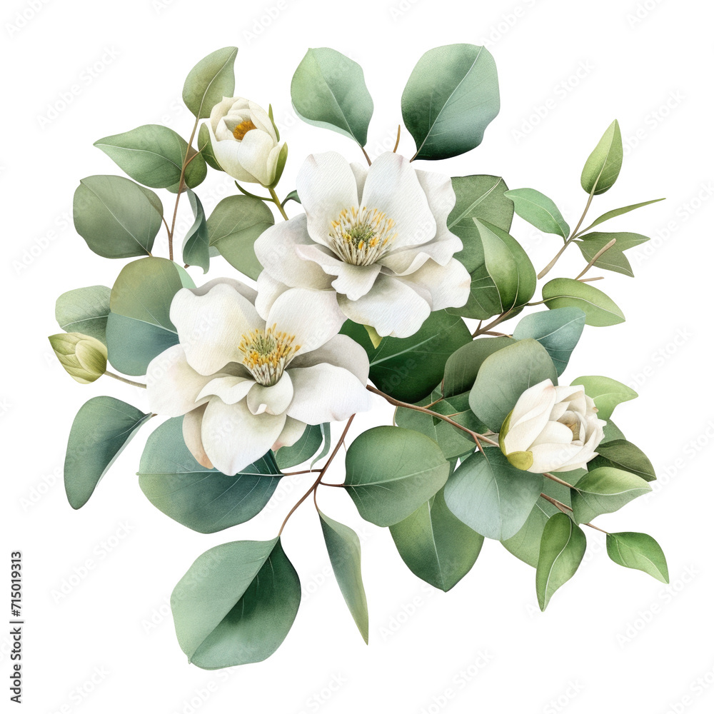 Isolated watercolor white flowers and green eucalyptus leaves on a ...