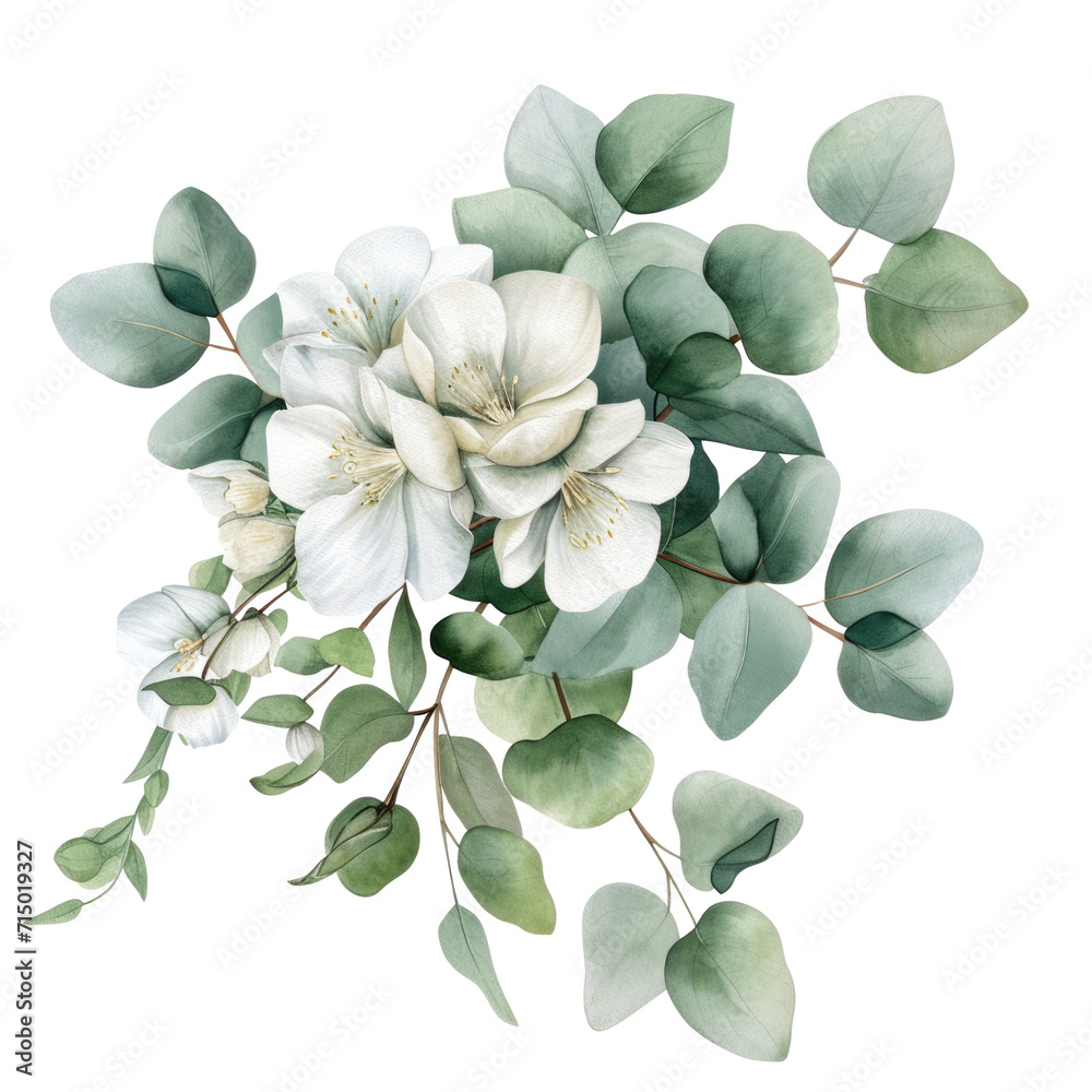 Isolated watercolor white flowers and green eucalyptus leaves on a transparent background, png