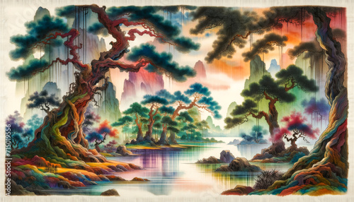 Scenic Asian Landscape Watercolour Art. Watercolour art of a scenic Asian landscape.