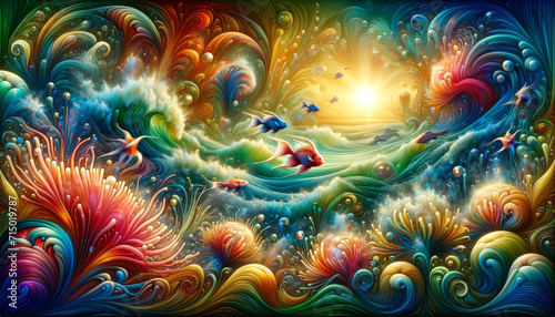 Surreal Oceanic Life Illustration. Colourful and surreal illustration of oceanic life and coral reefs. © AI Visual Vault