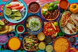 A colorful and appetizing top view of Mexican festive food for Independence Day, featuring chili, cilantro, tacos, burritos, chalupas, pozole, tamales, and chicken with mole poblano sauce.