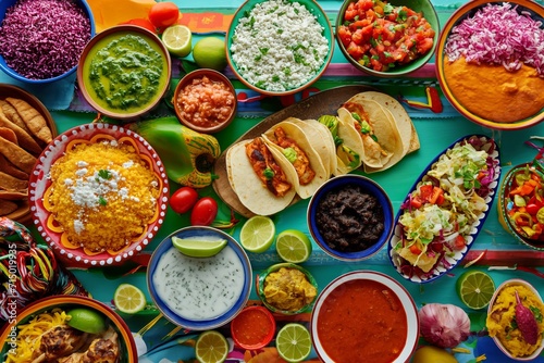 A colorful and appetizing top view of Mexican festive food for Independence Day, featuring chili, cilantro, tacos, burritos, chalupas, pozole, tamales, and chicken with mole poblano sauce. photo
