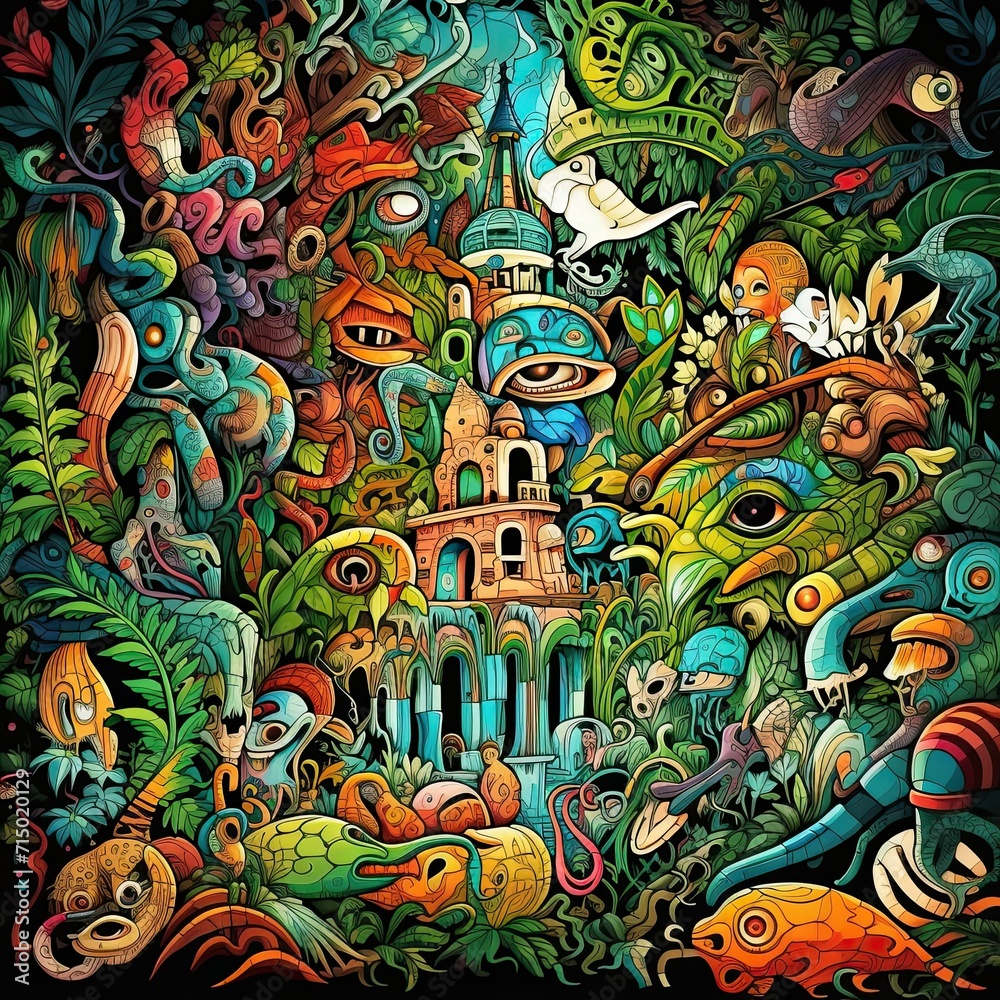 Fantastical Jungle Doodle Illustration with Hidden Creatures