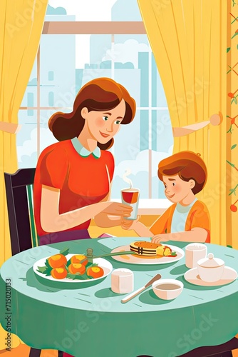 Illustrated Mother and Child Sharing a Meal