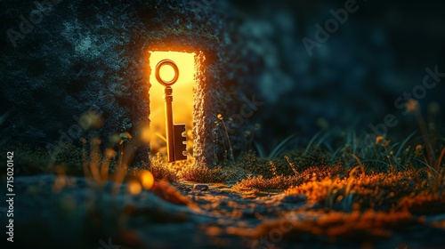 A conceptual artwork of a key unlocking a door to a bright, optimistic future. [Key unlocking optimistic future photo
