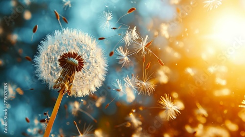 Dandelion seeds being carried away by the wind, portraying the spreading of optimistic thoughts and wishes. [Dandelion seeds in the wind