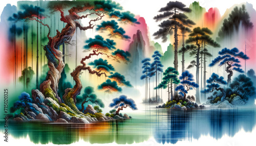 Serene Asian Landscape Illustration. Illustration of an Asian landscape offering tranquility.