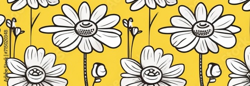 Chamomile garden flowers on yellow background. seamless daisy white flower pattern on yellow backdrop