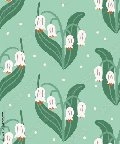 Vector seamless spring pattern of stylized lilies of the valley on a turquoise background