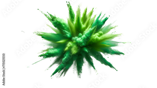 Aerial View of Abstract Upward Explosion of Fine Bright Green Color Powder isolated against transparent background-Artistic.