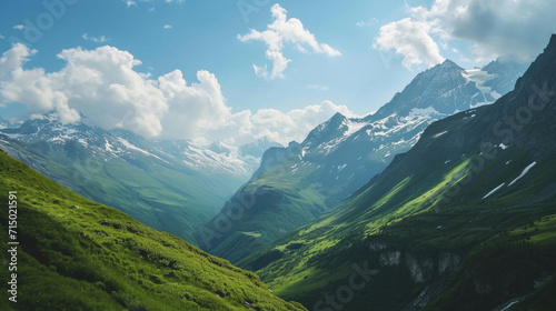 A breathtaking view of snow-capped peaks and lush valleys in the majestic Alps