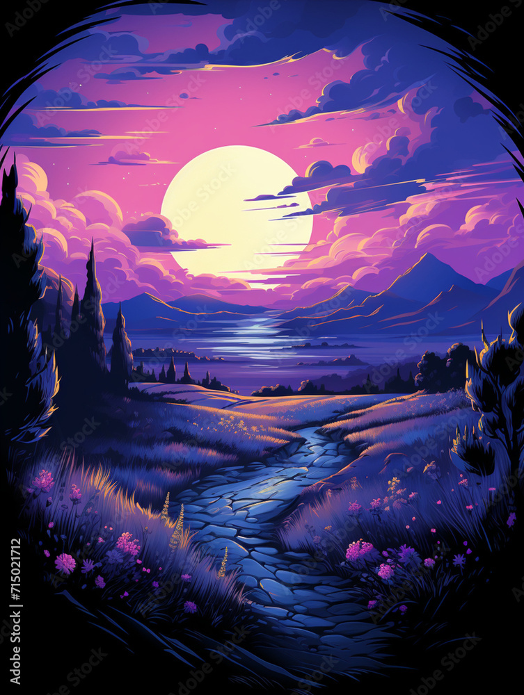 T-shirt design, a serene landscape of rolling lavender fields under a twilight sky, capturing the essence of Provence created with Generative Ai