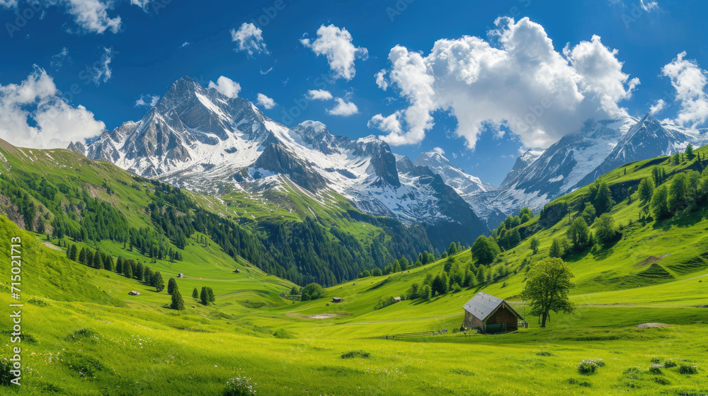 A breathtaking view of snow-capped peaks and lush valleys in the majestic Alps