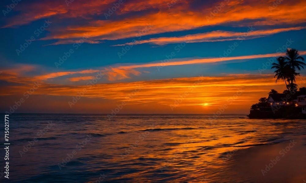 The sunset view from the beach of an island, where the sea and Clouds are painted with shades of red, yellow, and orange