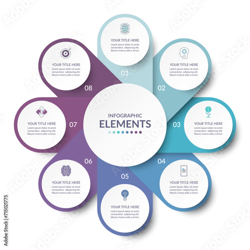 Vector infographic circle. Cycle diagram with 8 steps. Simple and accessible infographic design for report, business analytics, data visualization, social media and presentation. Easy editable. photo