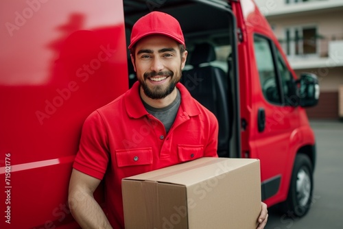Delivery courier service. Delivery man in red cap and uniform holding a cardboard box near a van truck delivering to customer home. Smiling man postal delivery man delivering a package © Khalif