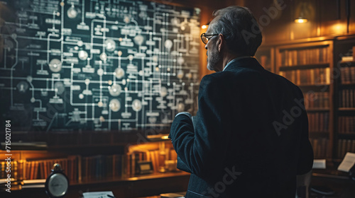 A trial lawyer business man in office scrutinizes looking a large flowchart screen on the wall, technology strategy concept