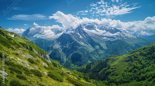 A breathtaking view of snow-capped peaks and lush valleys in the majestic Alps © Veniamin Kraskov