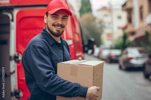 Delivery courier service. Delivery man in red cap and uniform holding a cardboard box near a van truck delivering to customer home. Smiling man postal delivery man delivering a package photo