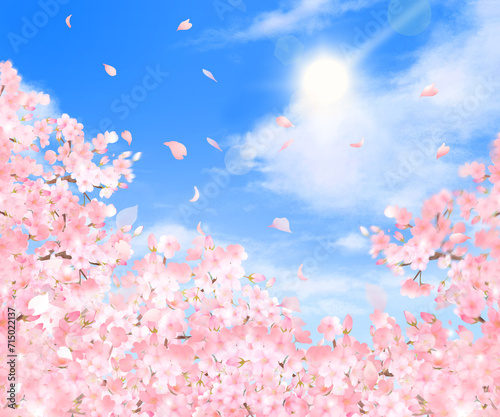 美しく華やかな桜の花と花びら舞い散る春の爽やか青空に光差し込む雲のフレーム背景ベクター素材イラスト