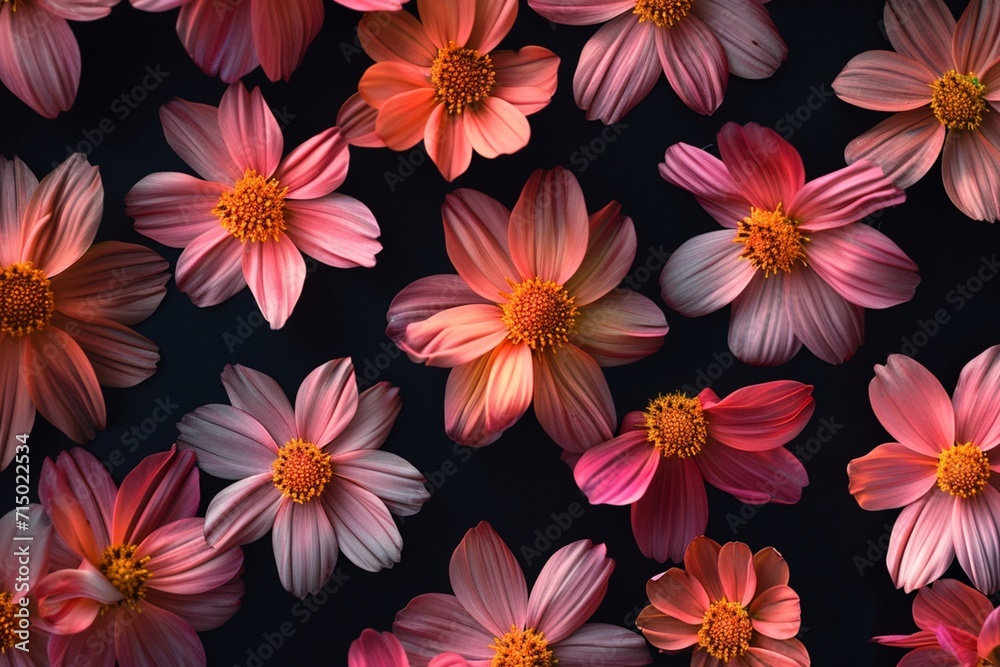 Diagonal Pattern of Detailed Pink and Orange Flowers on a Black Background