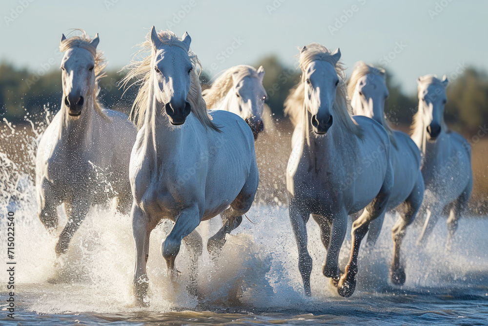White Wild Horses of Camargue running and splashing on water, Aigues - Mortes, France