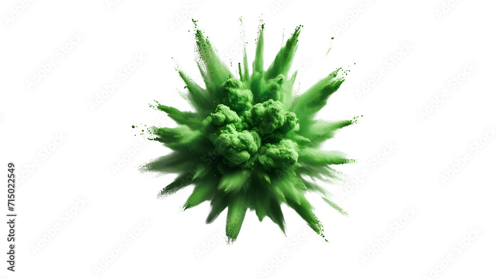 Aerial View of Abstract Upward Explosion of Fine Bright Green Color Powder isolated against transparent background-Artistic. Aerial View of Abstract Upward Explosion of Fine Bright Green Color Powder isolated against transparent background-Artistic.